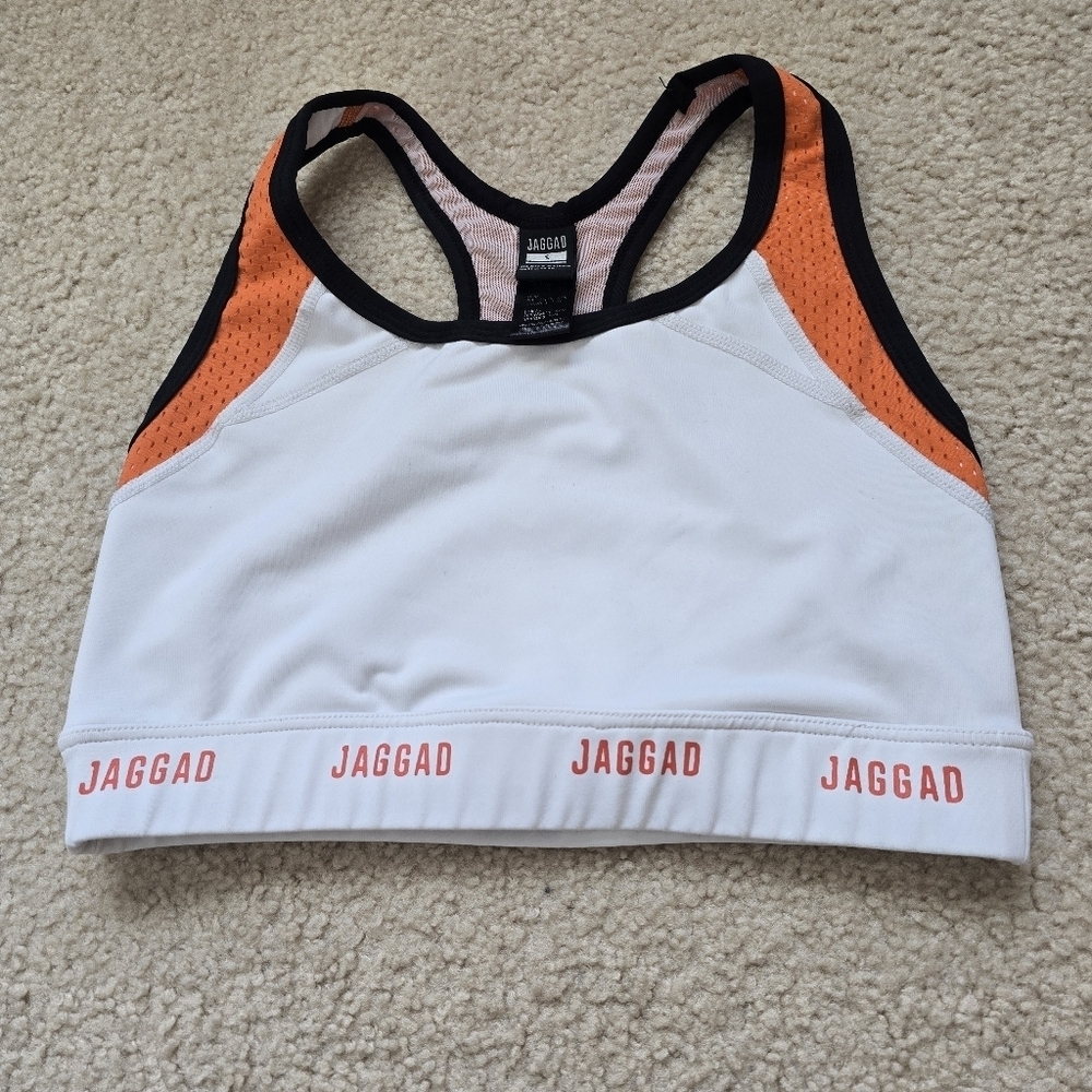 🌈 Jaggad SARI Mesh Cropped Sports Bra Orange White Black Size Small